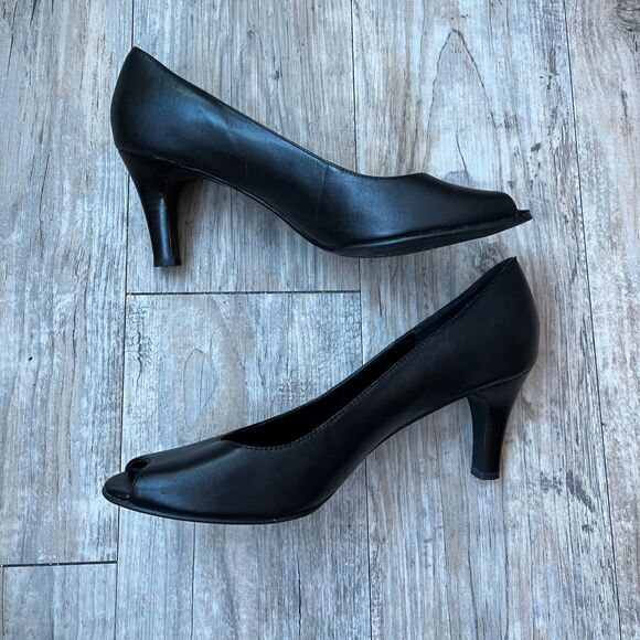 Chaps Vintage Heels Women's 9 Addney Genuine Leather Peep Toe Black 90s - Picture 5 of 10